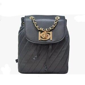 Designer Womens Bebe Hera Small Backpack Purse Black w Gold Color Logo. MSRP $99